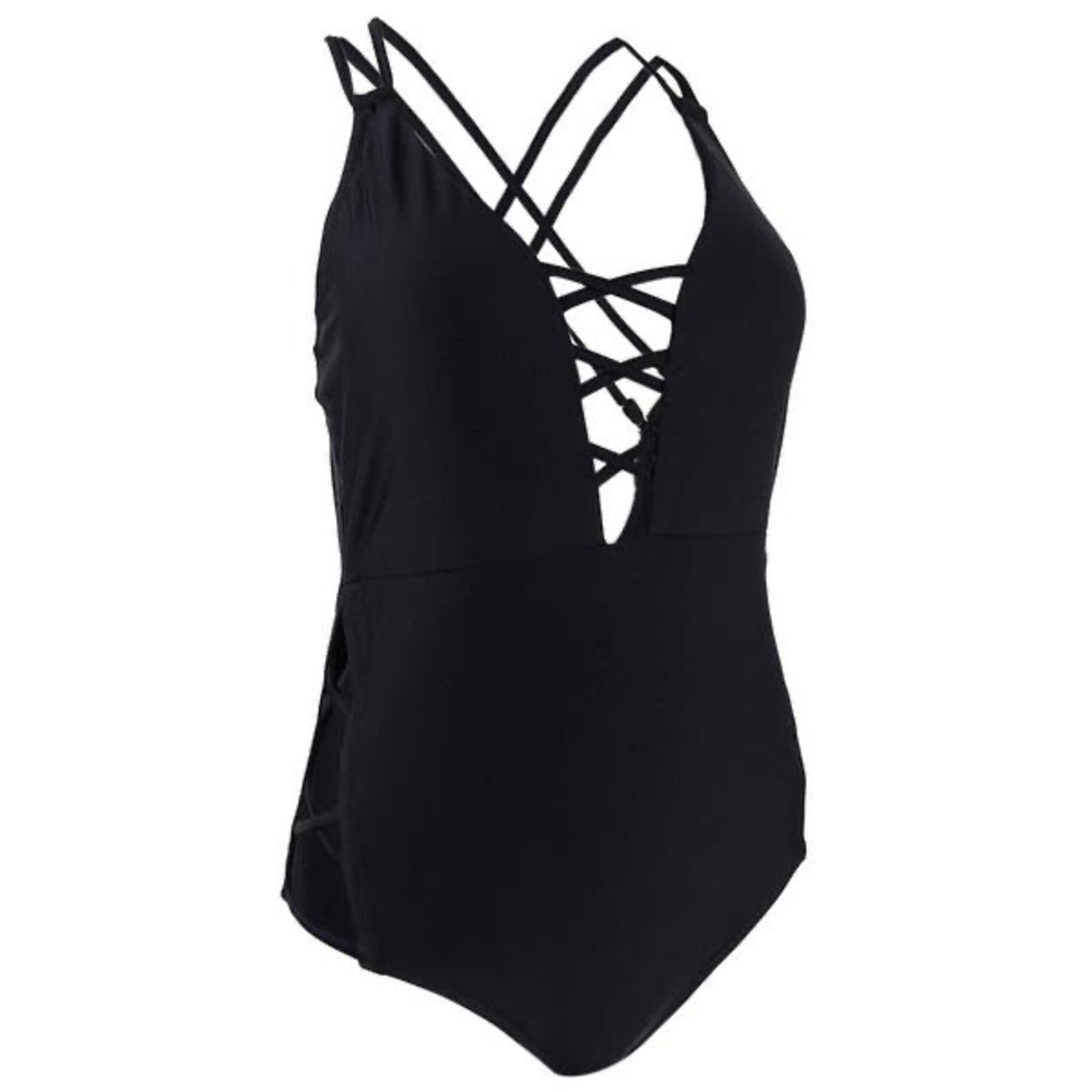 Jessica Simpson plunging black swimsuit one piece